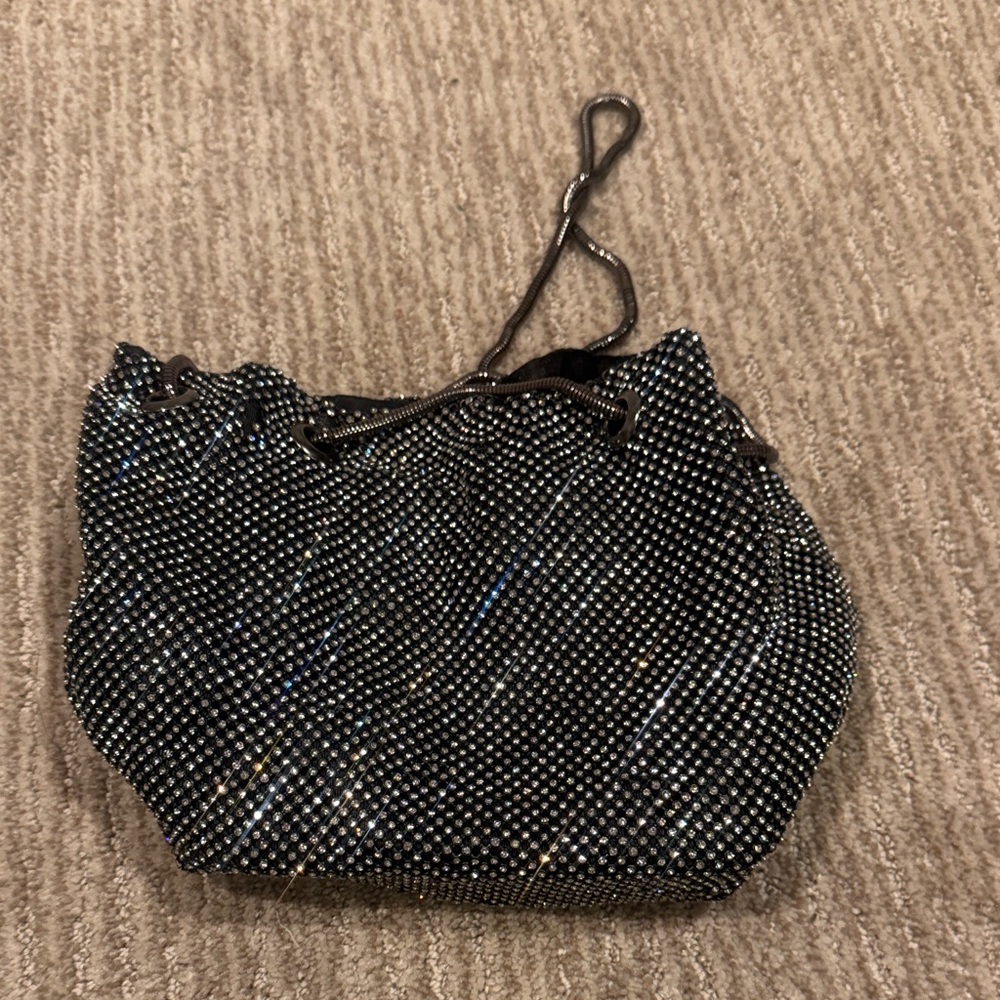 Sparkling Black Rhinestone Drawstring Evening Bag - image 1